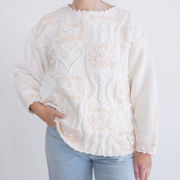 Vintage Sympatico Sportswear Cream w Peach Cable Knit Hearts Floral Sweater S - Picture 1 of 11